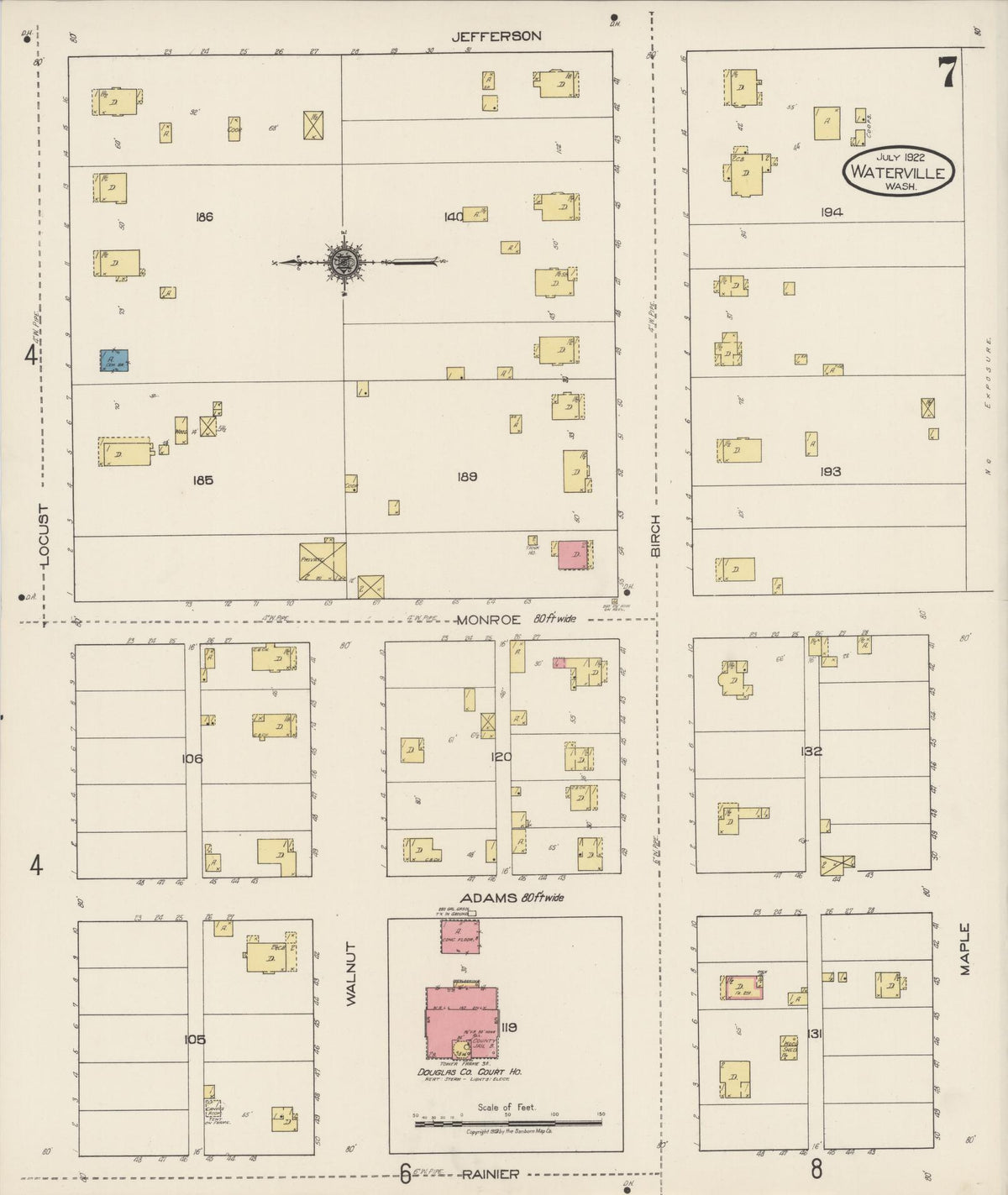 Sanborn Fire Insurance Map from Waterville, Douglas County, Washington (1922), Sheet #0007 - Historic Sanborn Fire Insurance Map Print, vintage old map wall art, antique decor, genealogy gift, Washington Washington map