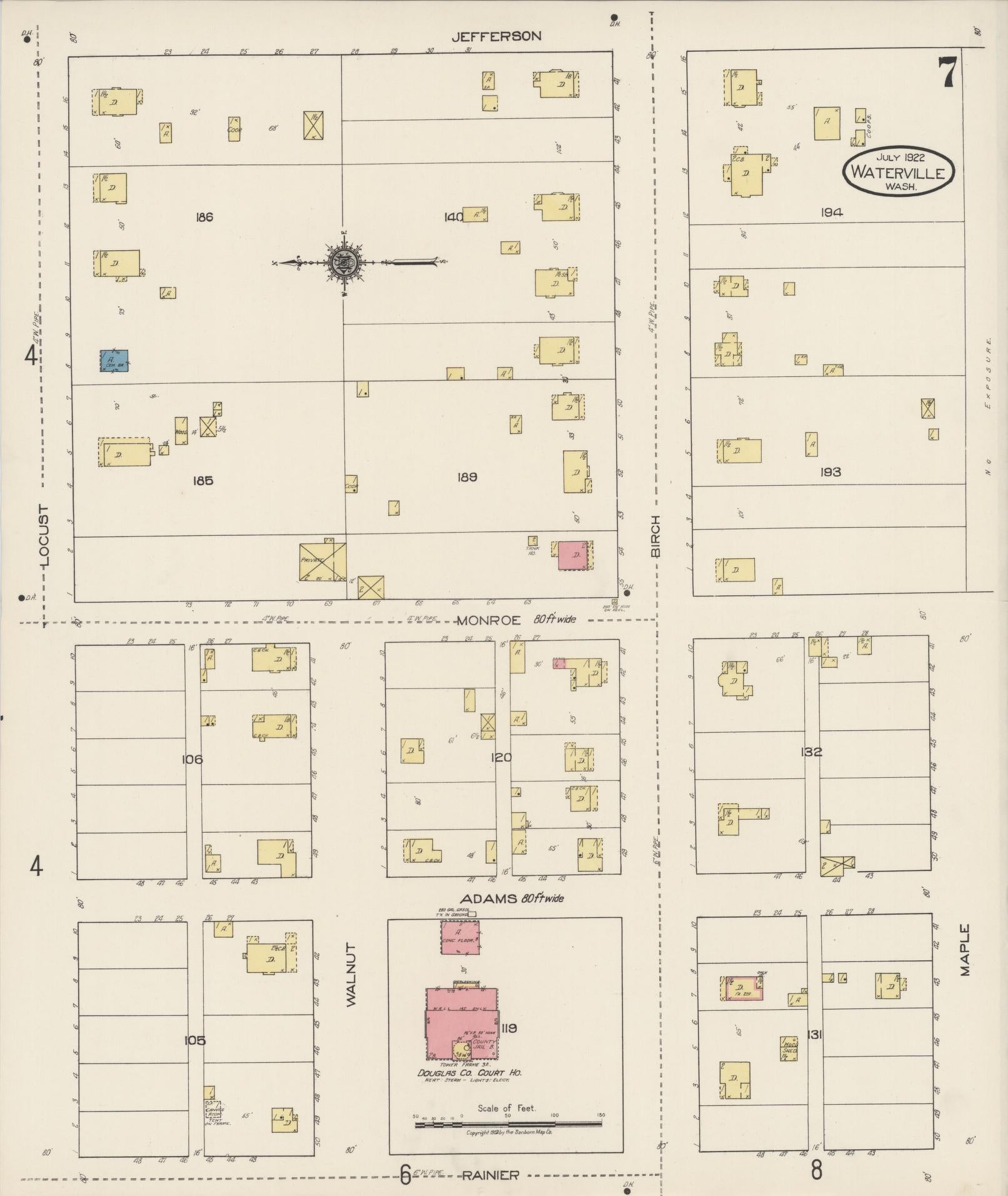 Sanborn Fire Insurance Map from Waterville, Douglas County, Washington (1922), Sheet #0007 - Historic Sanborn Fire Insurance Map Print, vintage old map wall art, antique decor, genealogy gift, Washington Washington map