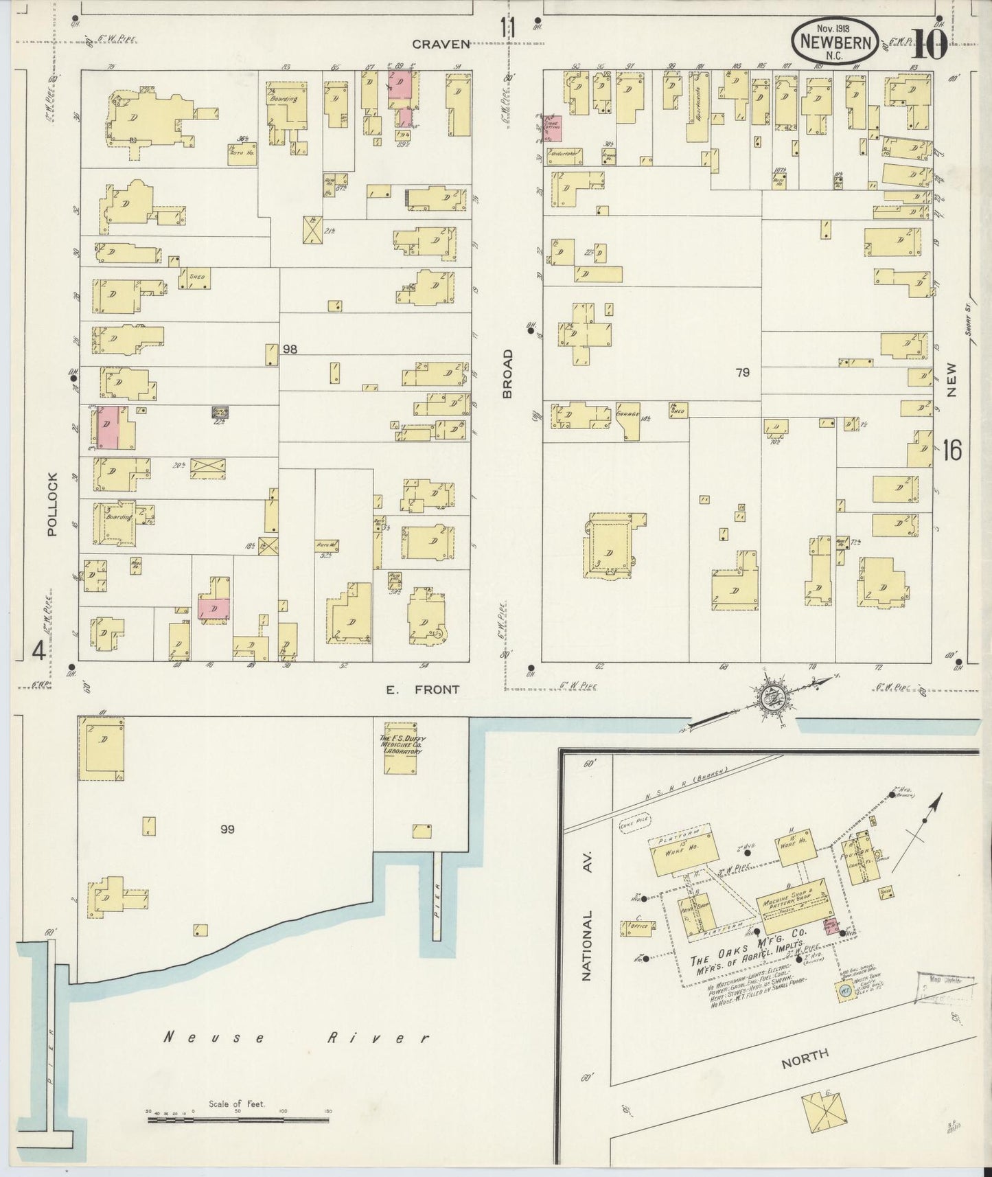 Sanborn Fire Insurance Map from New Bern, Craven County, North Carolina (1913), Sheet #0010 - Complete Map Set gallery image, historic Sanborn map, vintage wall art, North Carolina North Carolina