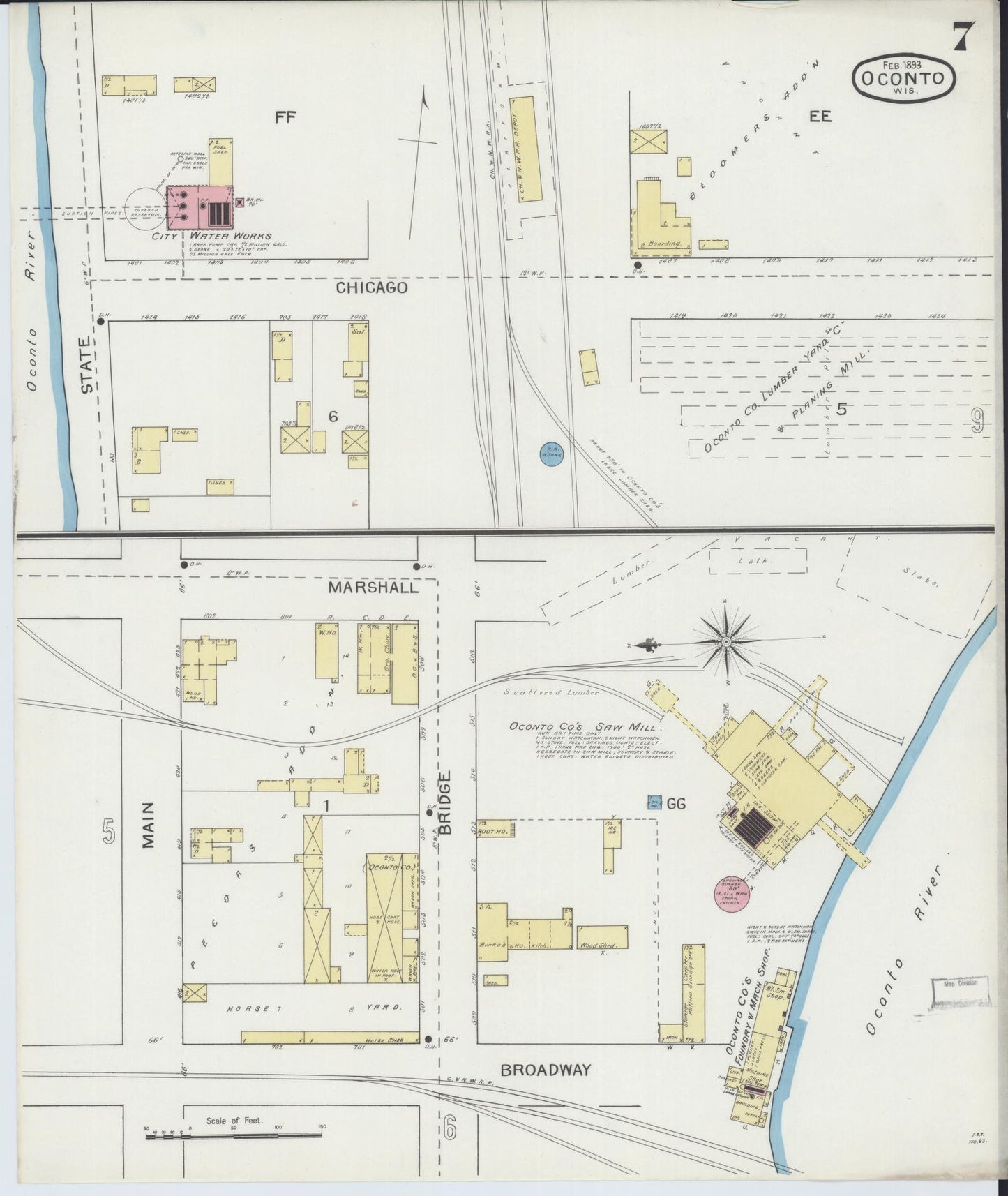 Sanborn Fire Insurance Map from Oconto, Oconto County, Wisconsin (1893), Sheet #0007 - Historic Sanborn Fire Insurance Map Print, vintage old map wall art, antique decor, genealogy gift, Wisconsin Wisconsin map