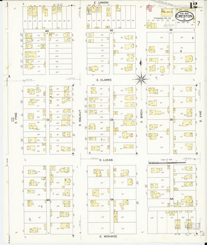 Sanborn Fire Insurance Map from Creston, Union County, Iowa (1907), Sheet #0012 - Historic Sanborn Fire Insurance Map Print, vintage old map wall art