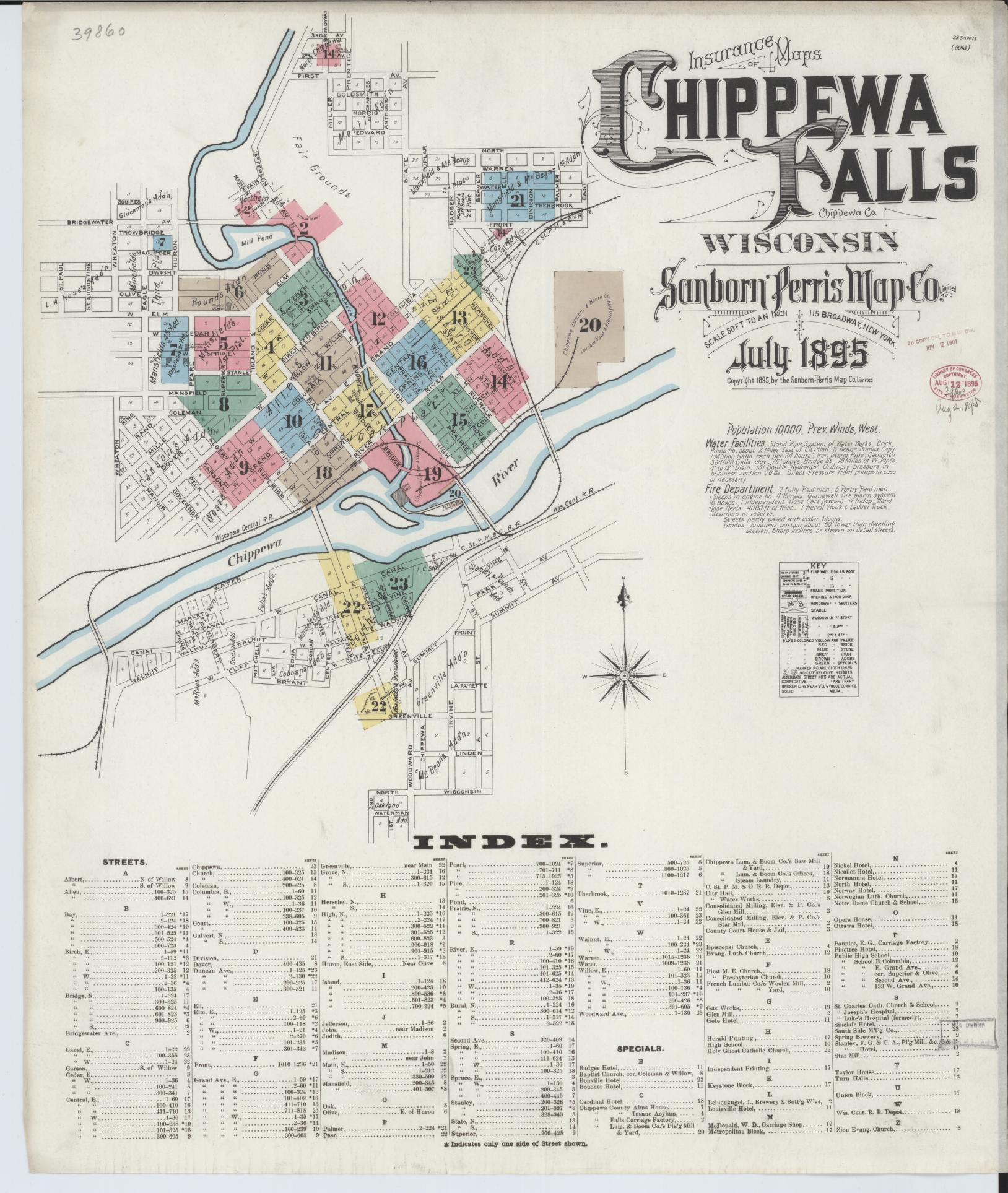 Sanborn Fire Insurance Map from Chippewa Falls, Chippewa County, Wisconsin (1895), Sheet #0001 - Historic Sanborn Fire Insurance Map Print, vintage old map wall art, antique decor, genealogy gift, Wisconsin Wisconsin map
