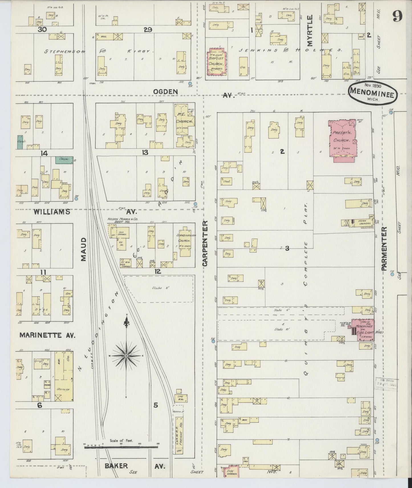 Sanborn Fire Insurance Map from Menominee, Menominee County, Michigan (1890), Sheet #0009 - Historic Sanborn Fire Insurance Map Print, vintage old map wall art, antique decor, genealogy gift, Michigan Michigan map