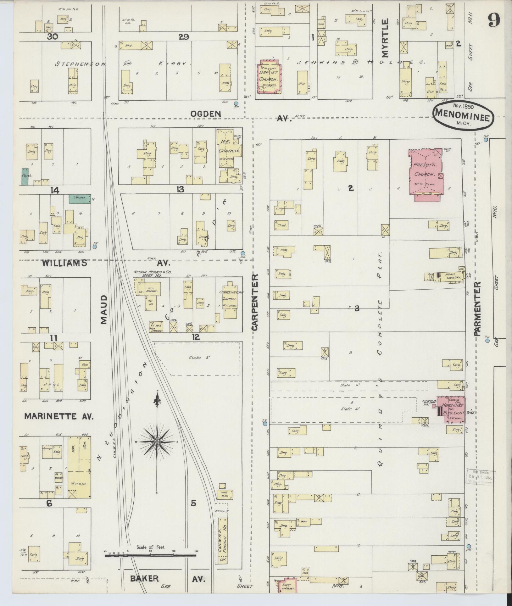 Sanborn Fire Insurance Map from Menominee, Menominee County, Michigan (1890), Sheet #0009 - Historic Sanborn Fire Insurance Map Print, vintage old map wall art, antique decor, genealogy gift, Michigan Michigan map