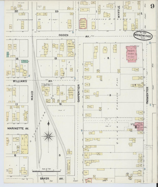 Sanborn Fire Insurance Map from Menominee, Menominee County, Michigan (1890), Sheet #0009 - Historic Sanborn Fire Insurance Map Print, vintage old map wall art, antique decor, genealogy gift, Michigan Michigan map