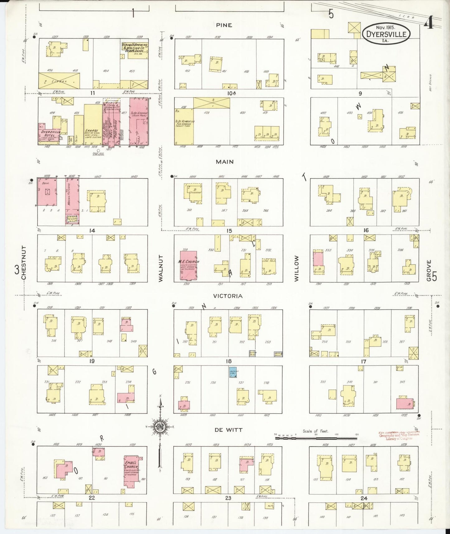 Sanborn Fire Insurance Map from Dyersville, Dubuque County, Iowa (1915), Sheet #0004 - Historic Sanborn Fire Insurance Map Print, vintage old map wall art