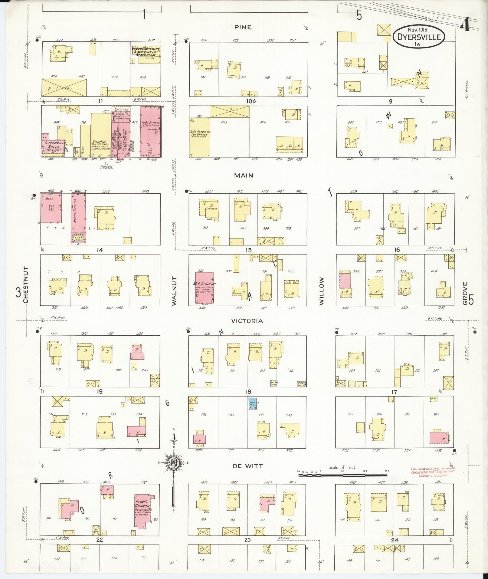 Sanborn Fire Insurance Map from Dyersville, Dubuque County, Iowa (1915), Sheet #0004 - Historic Sanborn Fire Insurance Map Print, vintage old map wall art