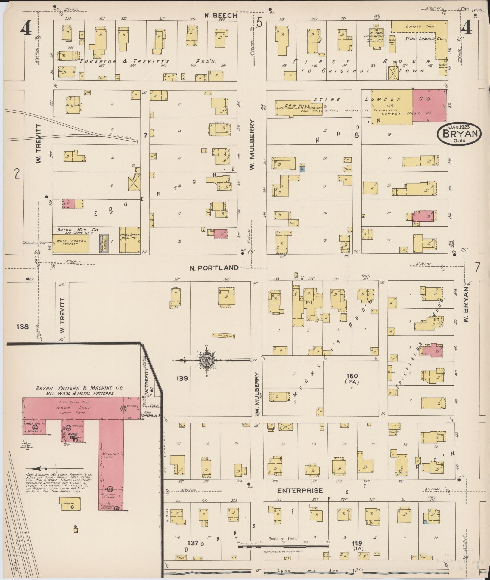 Sanborn Fire Insurance Map from Bryan, Williams County, Ohio (1923), Sheet #0004 - Historic Sanborn Fire Insurance Map Print, vintage old map wall art, antique decor, genealogy gift, Ohio Ohio map