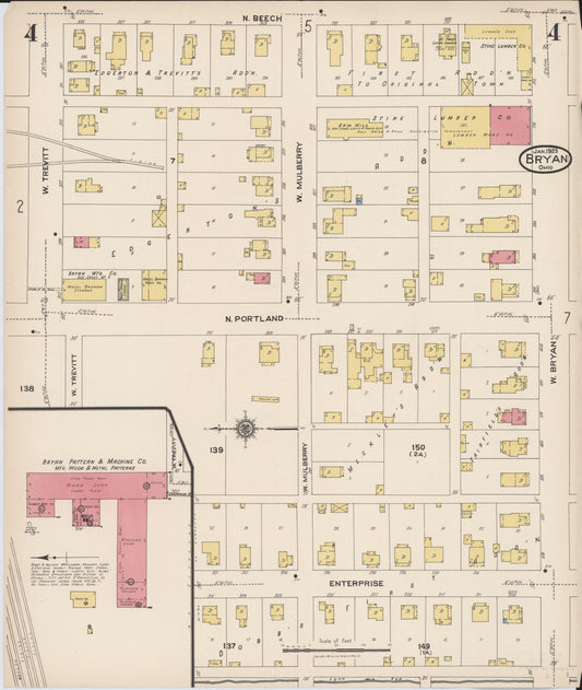 Sanborn Fire Insurance Map from Bryan, Williams County, Ohio (1923), Sheet #0004 - Historic Sanborn Fire Insurance Map Print, vintage old map wall art, antique decor, genealogy gift, Ohio Ohio map
