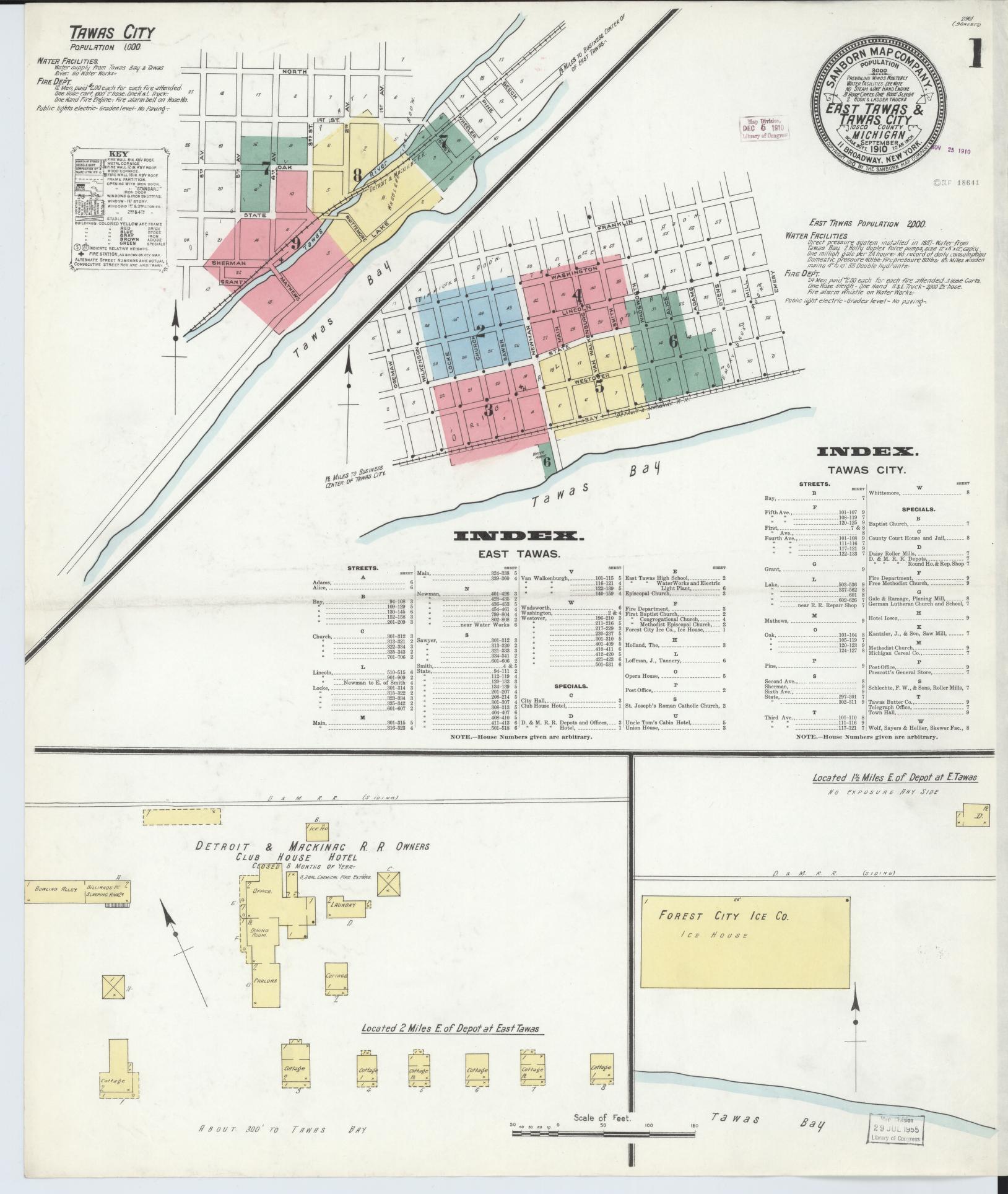Sanborn Fire Insurance Map from East Tawas, Iosco County, Michigan (1910), Sheet #0001 - Historic Sanborn Fire Insurance Map Print, vintage old map wall art, antique decor, genealogy gift, Michigan Michigan map