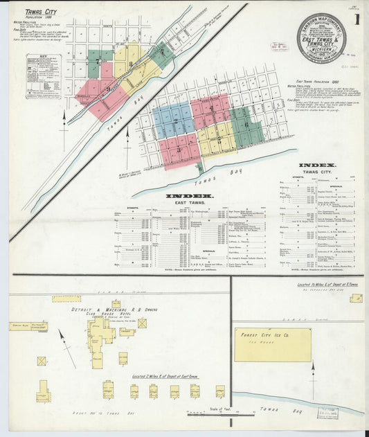 Sanborn Fire Insurance Map from East Tawas, Iosco County, Michigan (1910), Sheet #0001 - Historic Sanborn Fire Insurance Map Print, vintage old map wall art, antique decor, genealogy gift, Michigan Michigan map