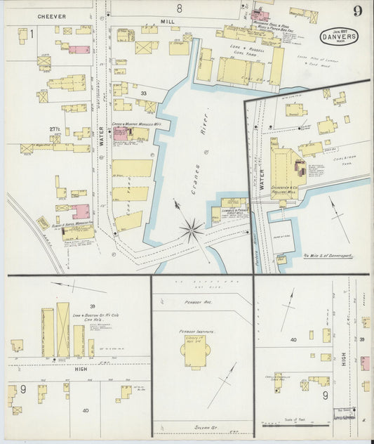Sanborn Fire Insurance Map from Danvers, Essex County, Massachusetts (1897), Sheet #0009 - Historic Sanborn Fire Insurance Map Print, vintage old map wall art, antique decor, genealogy gift, Massachusetts Massachusetts map