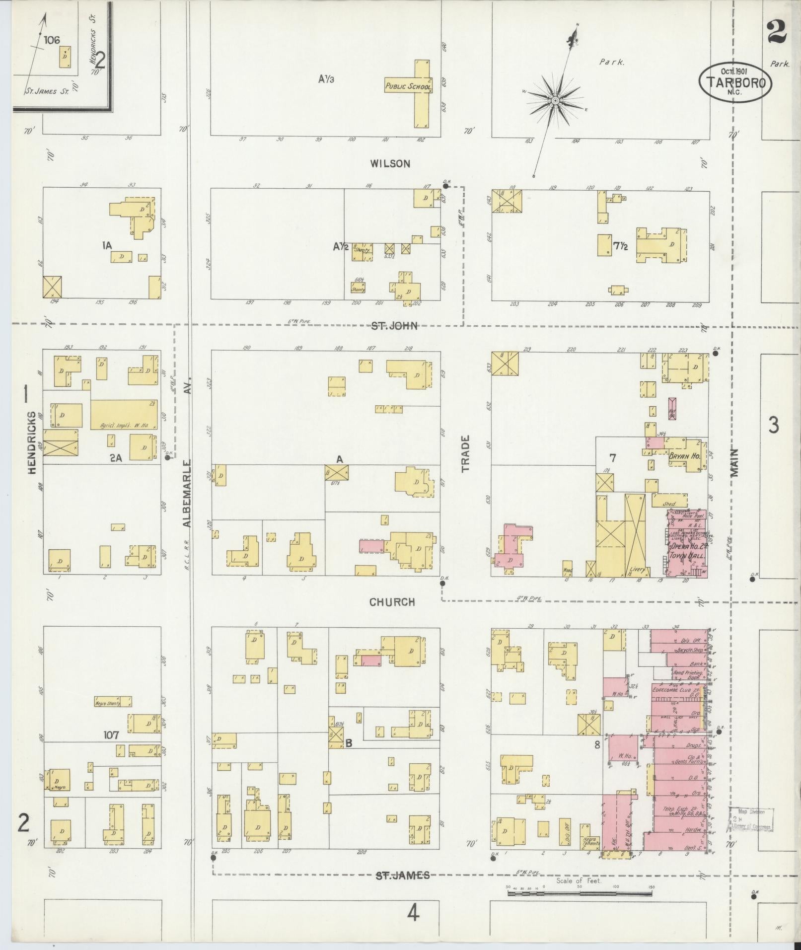 Sanborn Fire Insurance Map from Tarboro, Edgecombe County, North Carolina (1901), Sheet #0002 - Historic Sanborn Fire Insurance Map Print, vintage old map wall art, antique decor, genealogy gift, North Carolina North Carolina map