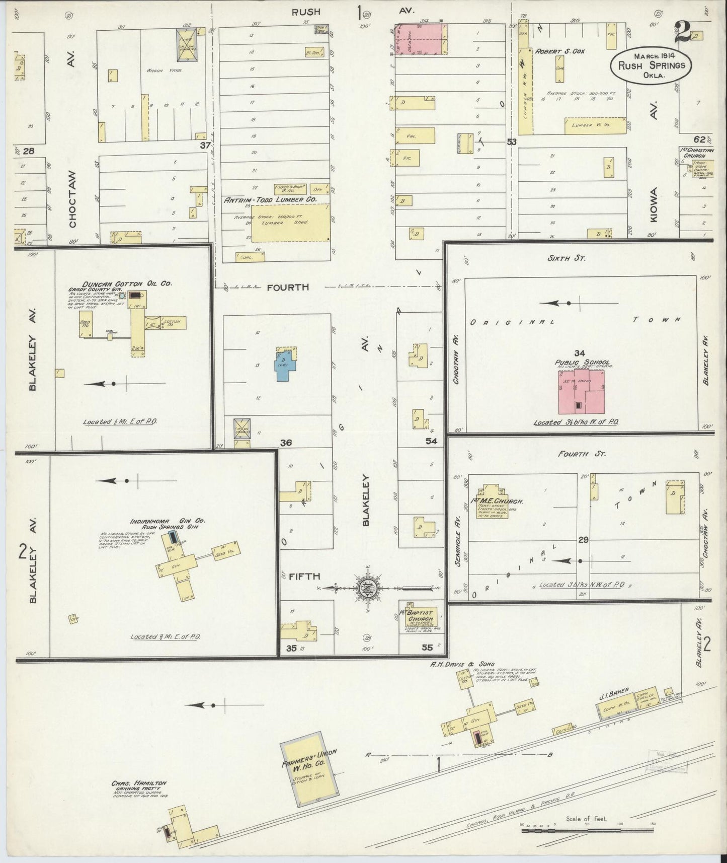 Sanborn Fire Insurance Map from Rush Springs, Grady County, Oklahoma (1914), Sheet #0002 - Historic Sanborn Fire Insurance Map Print, vintage old map wall art, antique decor, genealogy gift, Oklahoma Oklahoma map