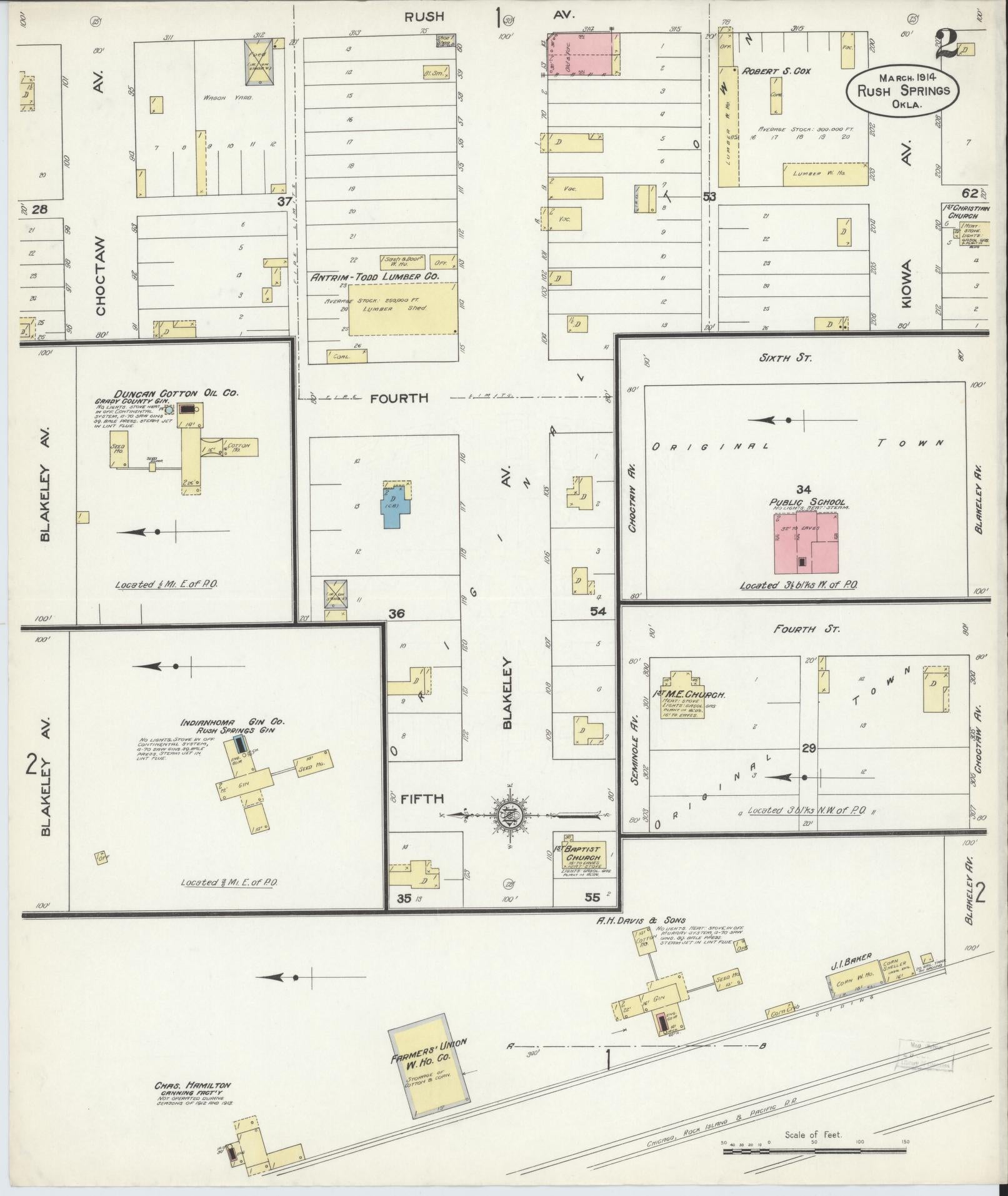 Sanborn Fire Insurance Map from Rush Springs, Grady County, Oklahoma (1914), Sheet #0002 - Historic Sanborn Fire Insurance Map Print, vintage old map wall art, antique decor, genealogy gift, Oklahoma Oklahoma map