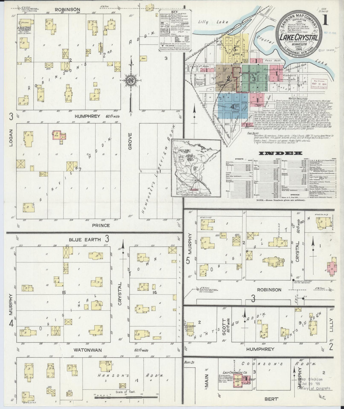 Sanborn Fire Insurance Map from Lake Crystal, Blue Earth County, Minnesota (1914), Sheet #0001 - Complete Map Set gallery image, historic Sanborn map, vintage wall art, Minnesota Minnesota