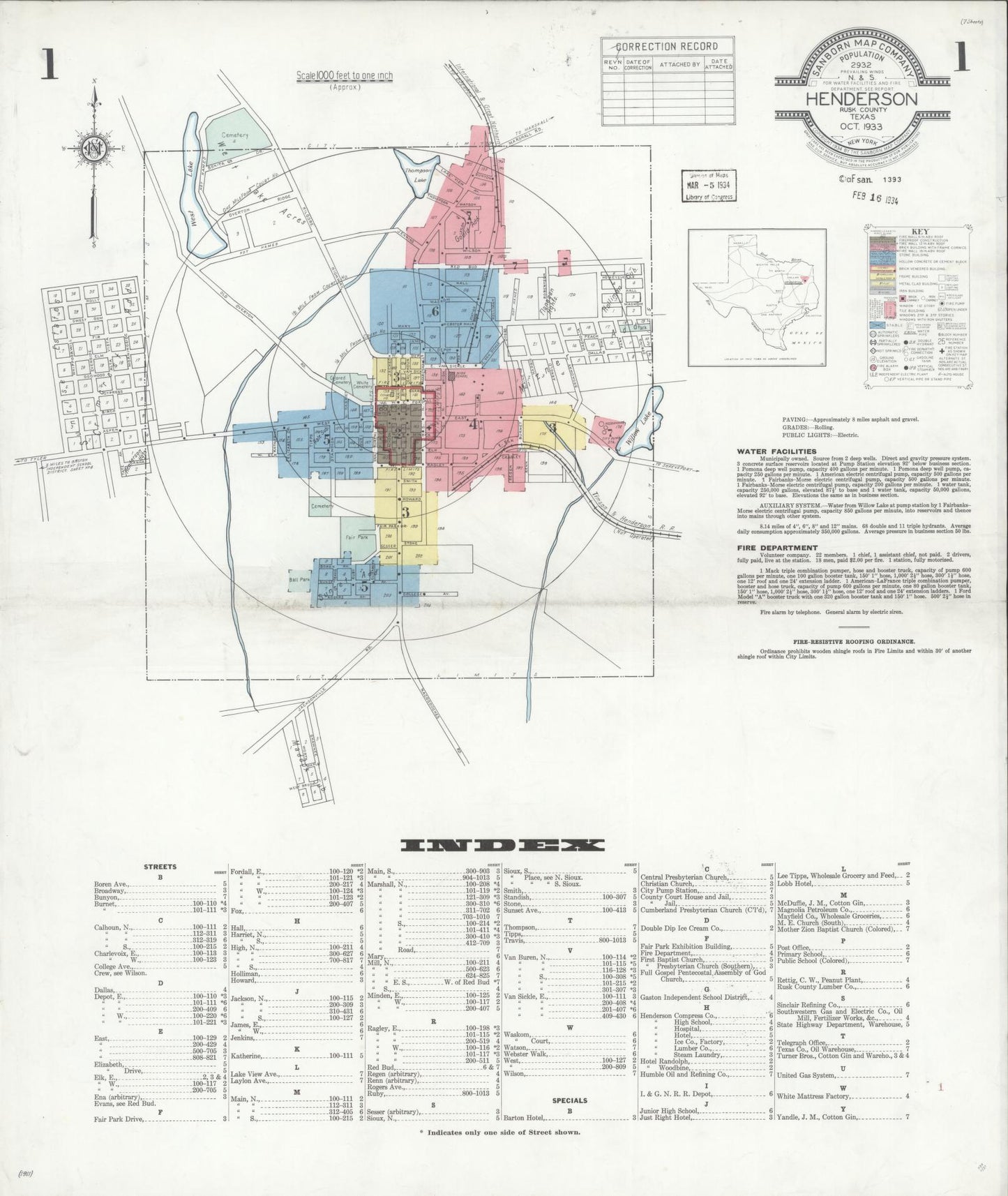 Sanborn Fire Insurance Map from Henderson, Rusk County, Texas (1933), Sheet #0001 - Complete Map Set gallery image, historic Sanborn map, vintage wall art, Texas Texas