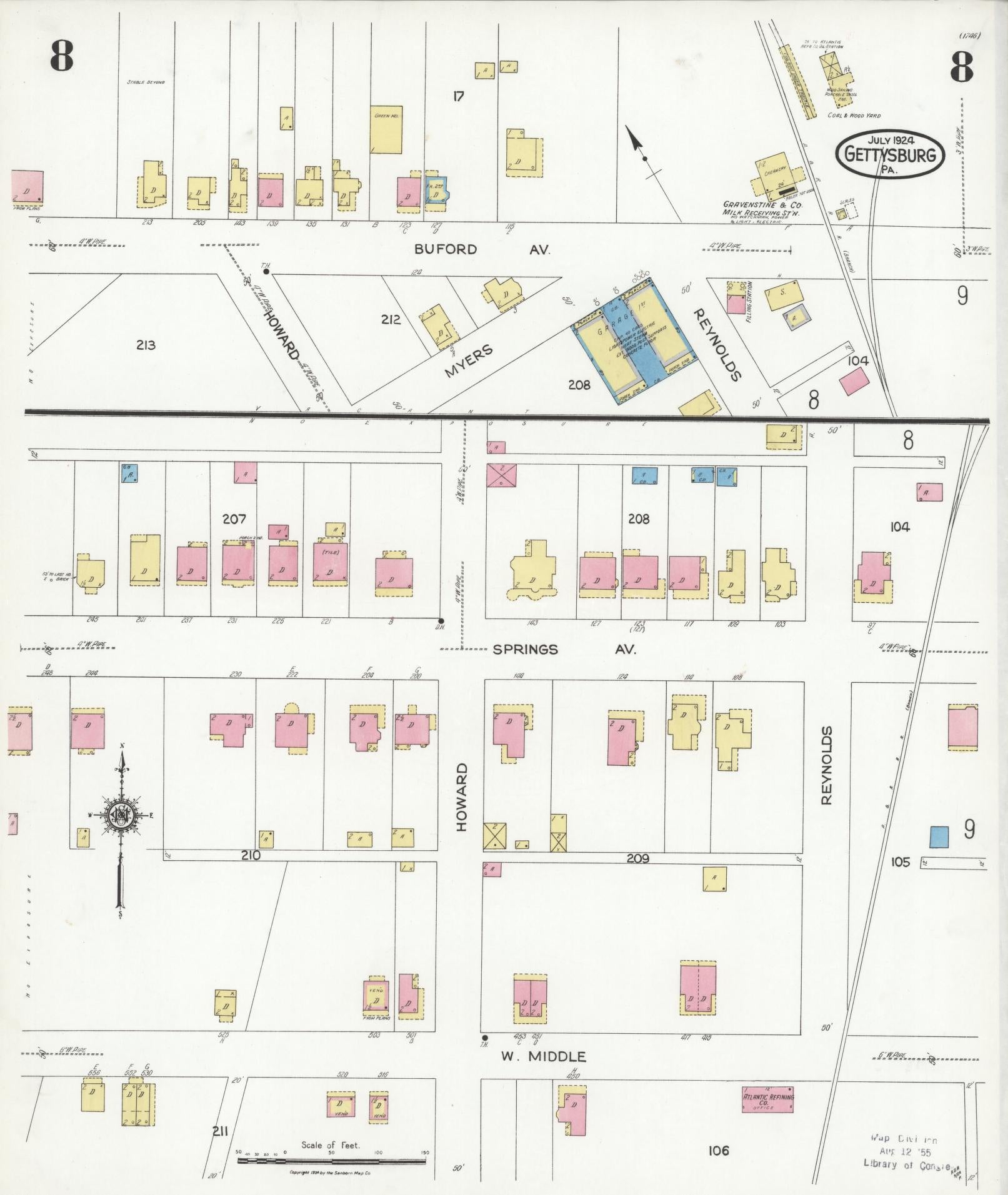 Sanborn Fire Insurance Map from Gettysburg, Adams County, Pennsylvania (1924), Sheet #0008 - Historic Sanborn Fire Insurance Map Print, vintage old map wall art, antique decor, genealogy gift, Pennsylvania Pennsylvania map