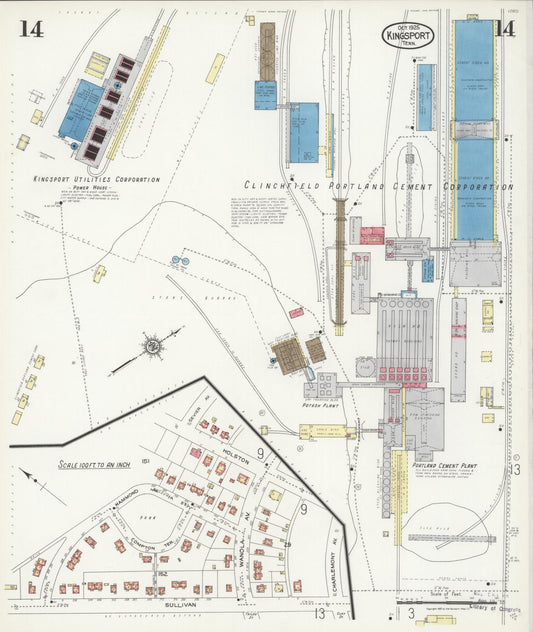 Sanborn Fire Insurance Map from Kingsport, Sullivan County, Tennessee (1925), Sheet #0014 - Historic Sanborn Fire Insurance Map Print, vintage old map wall art, antique decor, genealogy gift, Tennessee Tennessee map