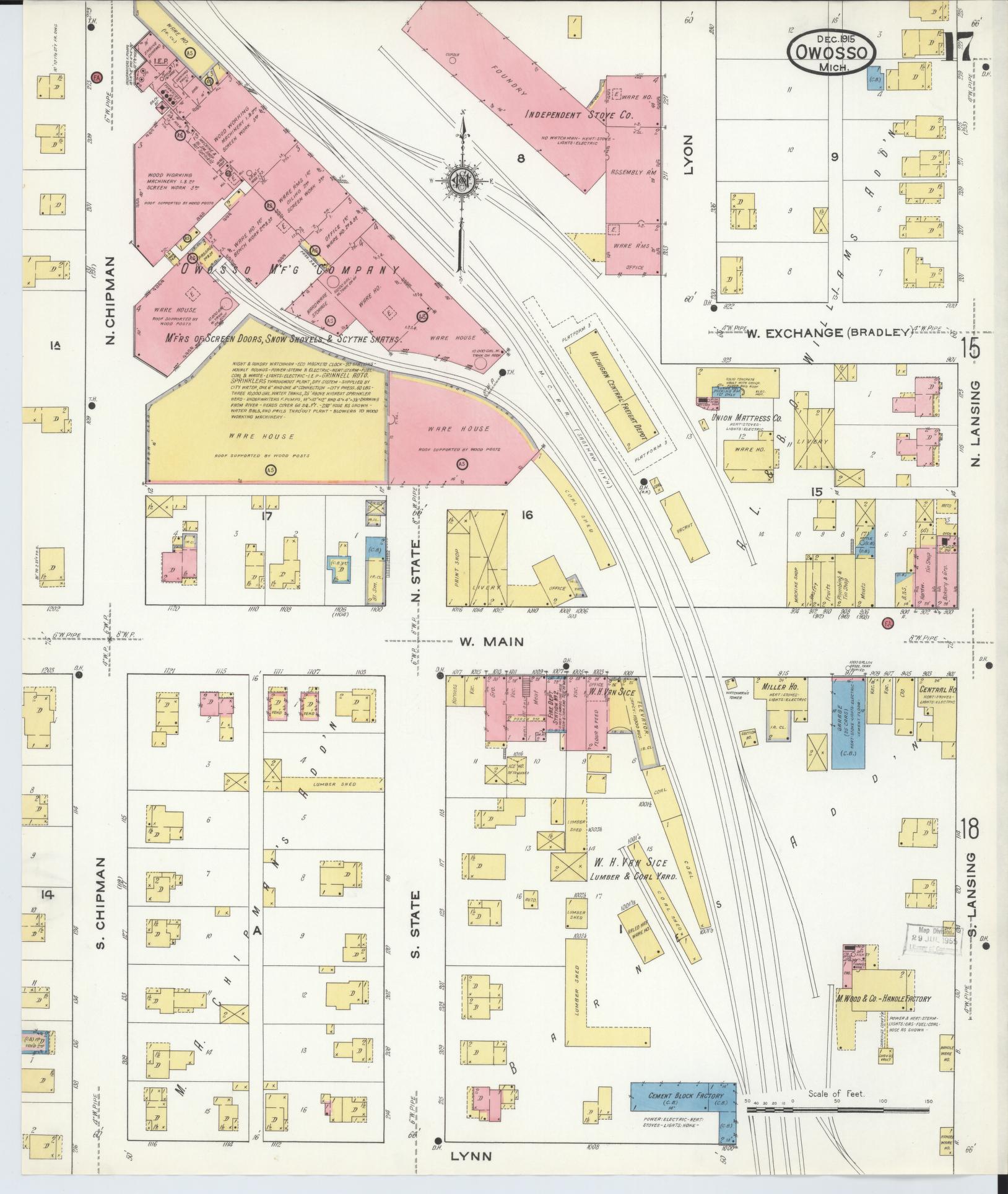 Sanborn Fire Insurance Map from Owosso, Shiawassee County, Michigan (1915), Sheet #0017 - Complete Map Set gallery image, historic Sanborn map, vintage wall art, Michigan Michigan