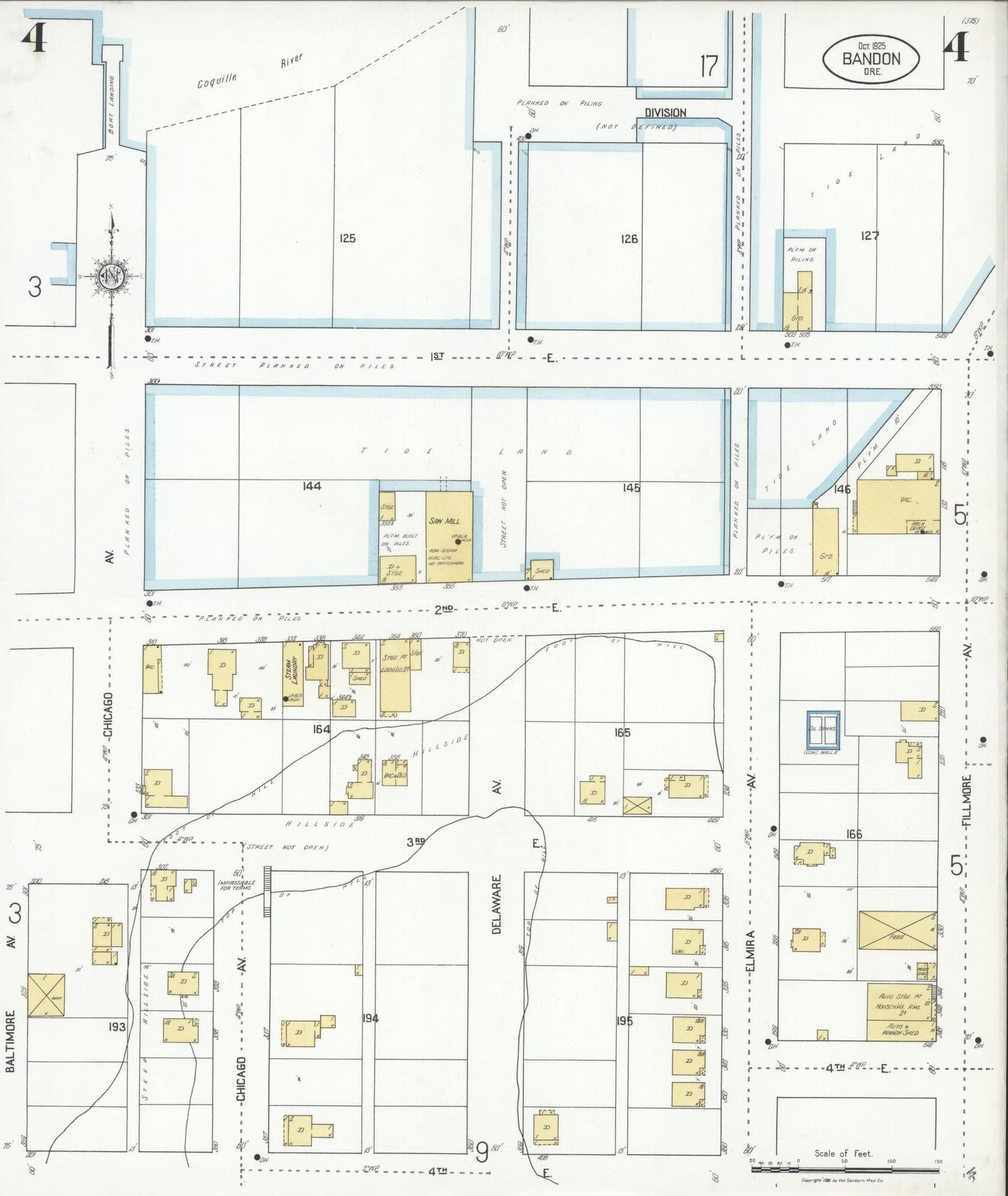 Sanborn Fire Insurance Map from Bandon, Coos County, Oregon (1925), Sheet #0004 - Complete Map Set gallery image, historic Sanborn map, vintage wall art, Oregon Oregon