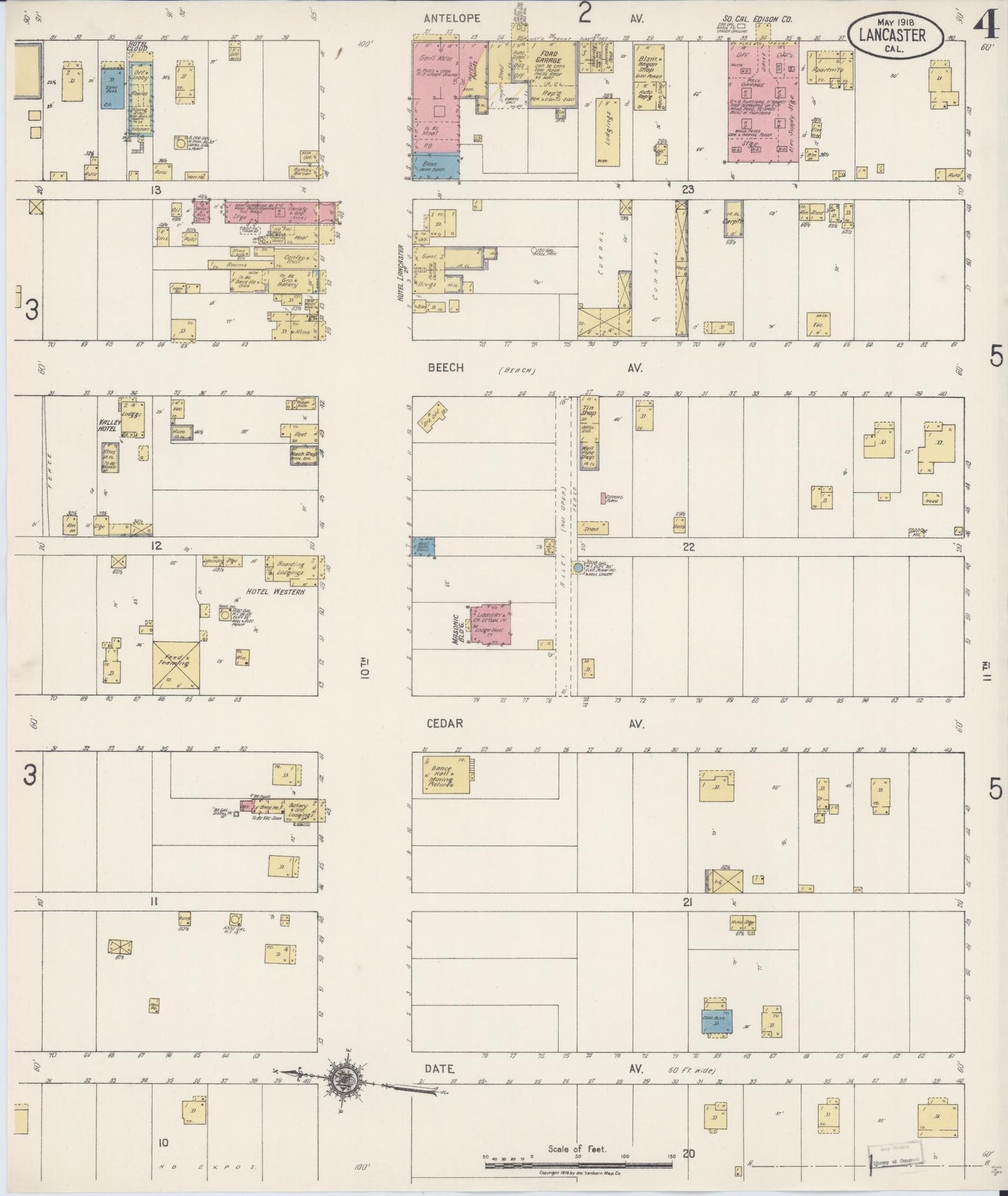 Sanborn Fire Insurance Map from Lancaster, Los Angeles County, California (1918), Sheet #0004 - Historic Sanborn Fire Insurance Map Print, vintage old map wall art, antique decor, genealogy gift, California California map