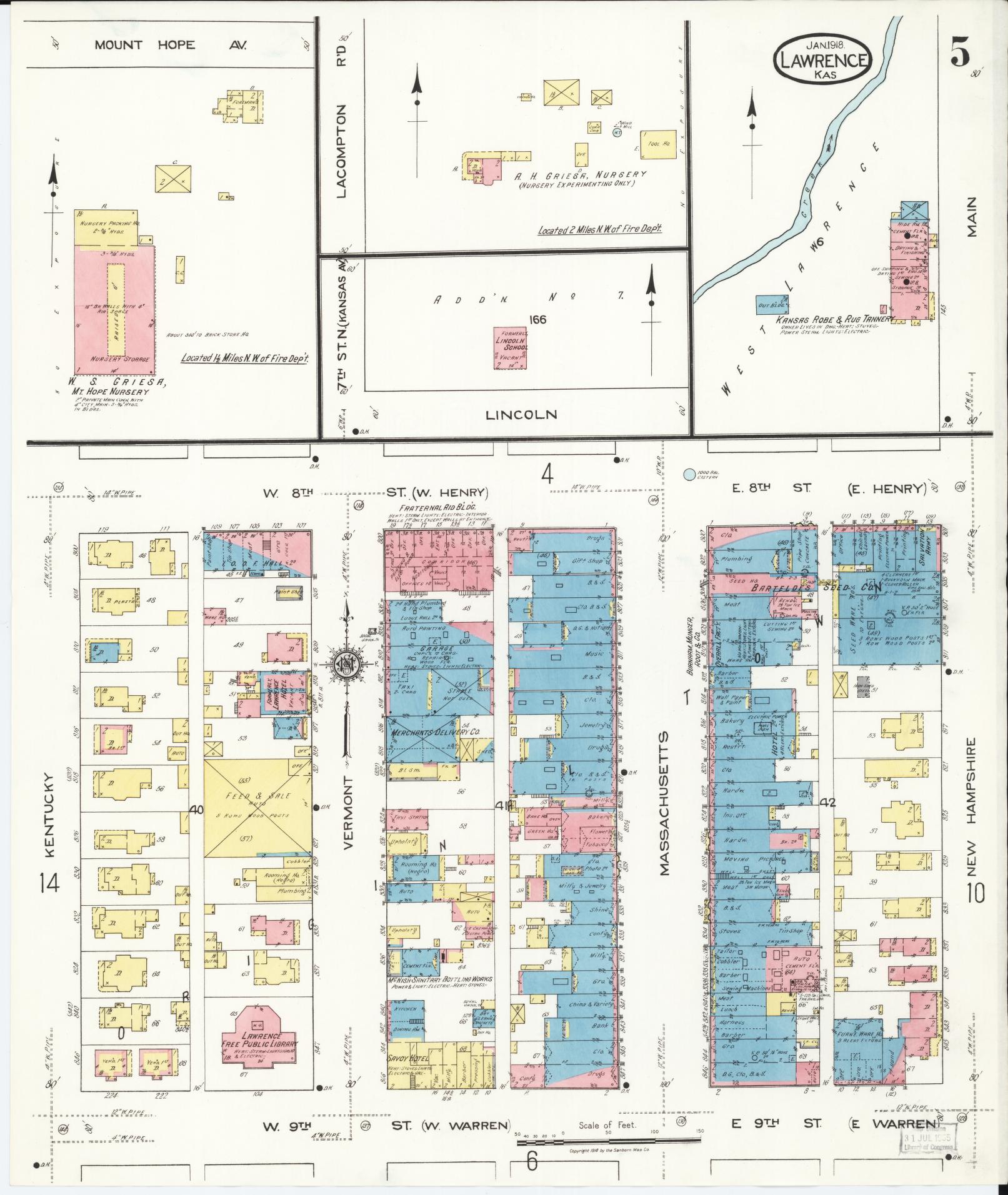 Sanborn Fire Insurance Map from Lawrence, Douglas County, Kansas (1918), Sheet #0005 - Complete Map Set gallery image, historic Sanborn map, vintage wall art, Kansas Kansas