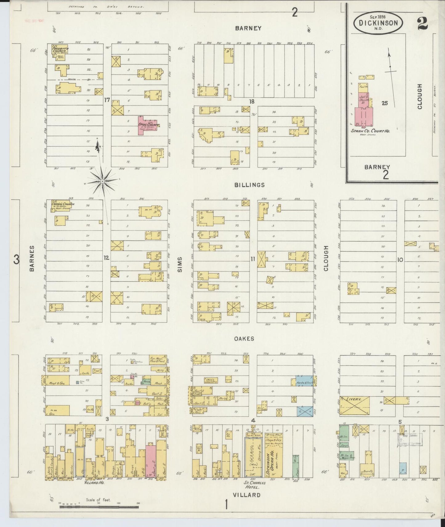 Sanborn Fire Insurance Map from Dickinson, Stark County, North Dakota (1898), Sheet #0002 - Historic Sanborn Fire Insurance Map Print, vintage old map wall art, antique decor, genealogy gift, North Dakota North Dakota map