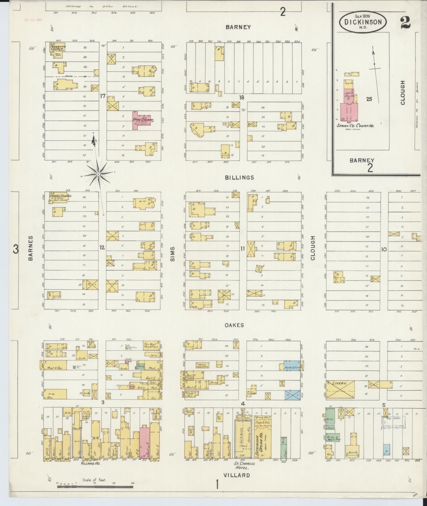 Sanborn Fire Insurance Map from Dickinson, Stark County, North Dakota (1898), Sheet #0002 - Historic Sanborn Fire Insurance Map Print, vintage old map wall art, antique decor, genealogy gift, North Dakota North Dakota map