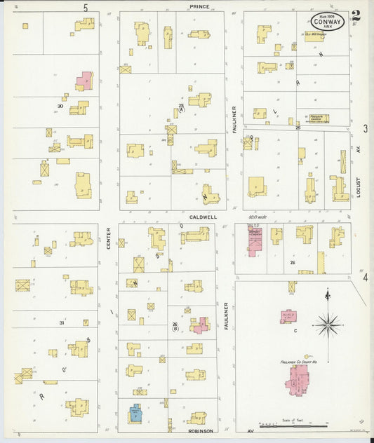 Sanborn Fire Insurance Map from Conway, Faulkner County, Arkansas (1909), Sheet #0002 - Historic Sanborn Fire Insurance Map Print, vintage old map wall art, antique decor, genealogy gift, Arkansas Arkansas map