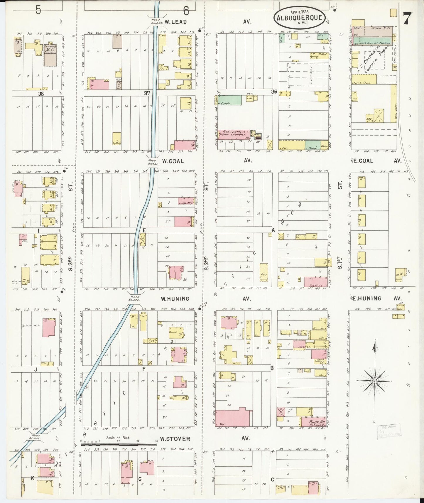 Sanborn Fire Insurance Map from Albuquerque, Bernalillo County, New Mexico (1898), Sheet #0007 - Historic Sanborn Fire Insurance Map Print, vintage old map wall art, antique decor, genealogy gift, New Mexico New Mexico map
