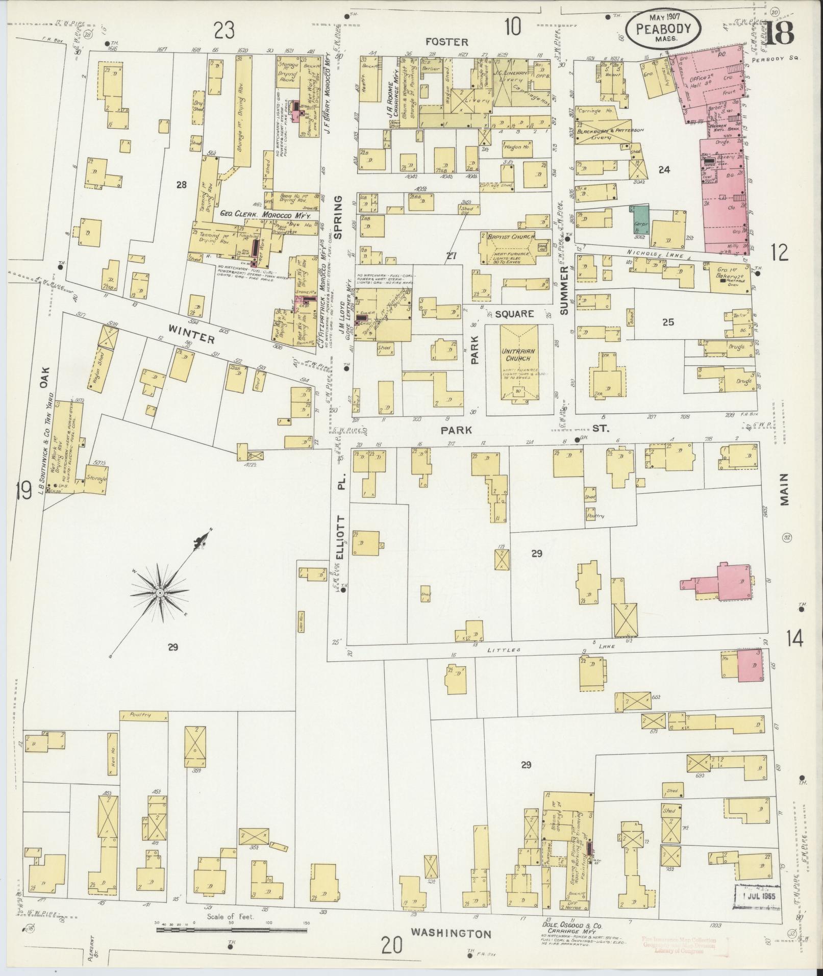 Sanborn Fire Insurance Map from Peabody, Essex County, Massachusetts (1907), Sheet #0018 - Historic Sanborn Fire Insurance Map Print, vintage old map wall art, antique decor, genealogy gift, Massachusetts Massachusetts map