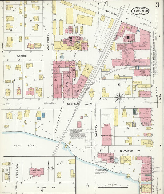 Sanborn Fire Insurance Map from Fort Atkinson, Jefferson County, Wisconsin (1909), Sheet #0003 - Historic Sanborn Fire Insurance Map Print, vintage old map wall art, antique decor, genealogy gift, Wisconsin Wisconsin map