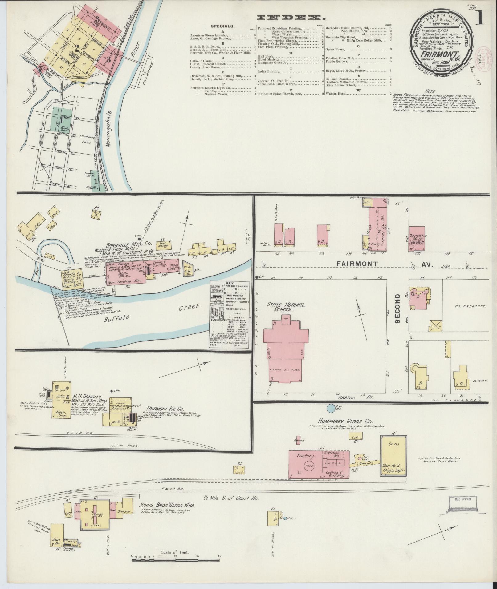 Sanborn Fire Insurance Map from Fairmont, Marion County, West Virginia (1896), Sheet #0001 - Complete Map Set gallery image, historic Sanborn map, vintage wall art, West Virginia West Virginia