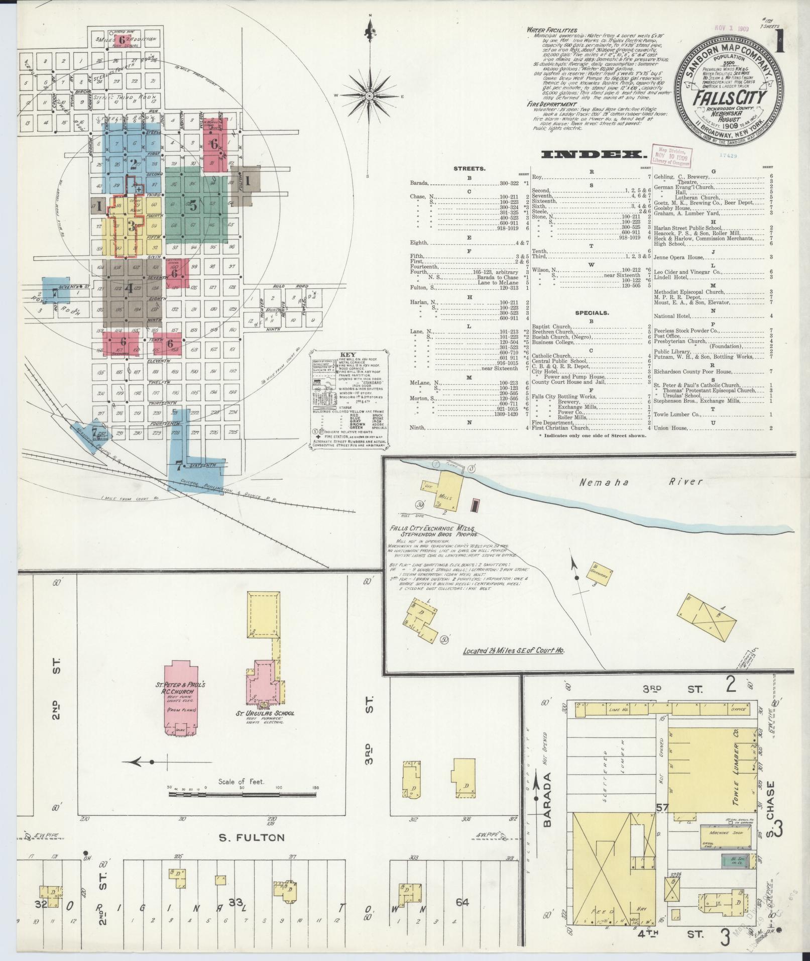 Sanborn Fire Insurance Map from Falls City, Richardson County, Nebraska (1909), Sheet #0001 - Complete Map Set gallery image, historic Sanborn map, vintage wall art, Nebraska Nebraska