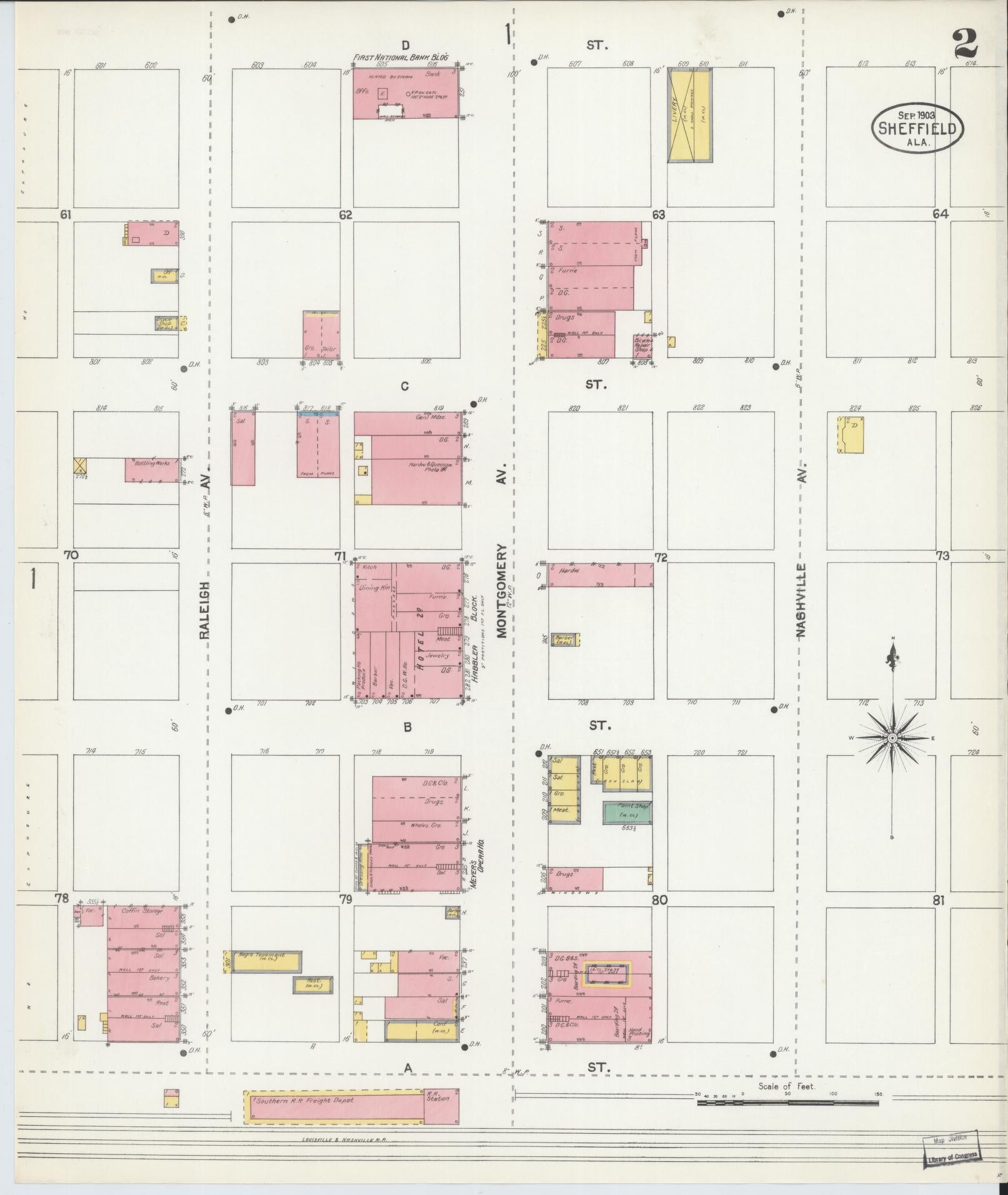 Sanborn Fire Insurance Map from Sheffield, Colbert County, Alabama (1903), Sheet #0002 - Historic Sanborn Fire Insurance Map Print, vintage old map wall art, antique decor, genealogy gift, Alabama Alabama map