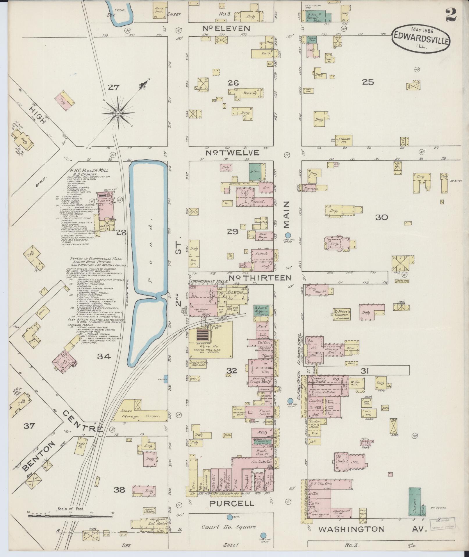 Sanborn Fire Insurance Map from Edwardsville, Madison County, Illinois (1886), Sheet #0002 - Historic Sanborn Fire Insurance Map Print, vintage old map wall art, antique decor, genealogy gift, Illinois Illinois map
