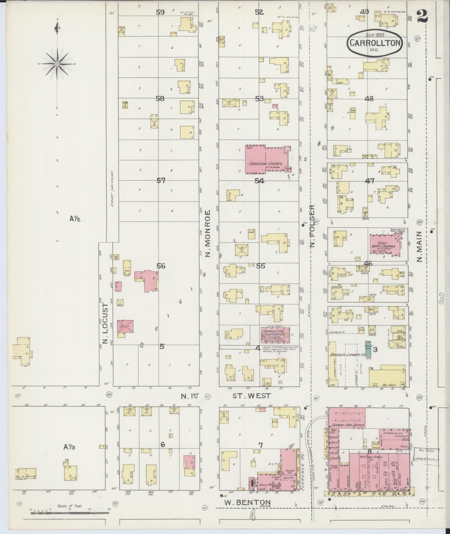 Sanborn Fire Insurance Map from Carrollton, Carroll County, Missouri (1893), Sheet #0002 - Historic Sanborn Fire Insurance Map Print, vintage old map wall art, antique decor, genealogy gift, Missouri Missouri map