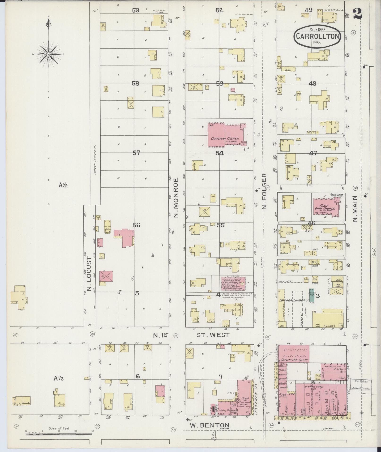 Sanborn Fire Insurance Map from Carrollton, Carroll County, Missouri (1893), Sheet #0002 - Historic Sanborn Fire Insurance Map Print, vintage old map wall art, antique decor, genealogy gift, Missouri Missouri map