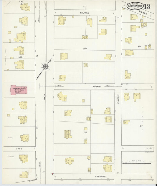 Sanborn Fire Insurance Map from Greenwood, Greenwood County, South Carolina (1913), Sheet #0013 - Historic Sanborn Fire Insurance Map Print, vintage old map wall art, antique decor, genealogy gift, South Carolina South Carolina map