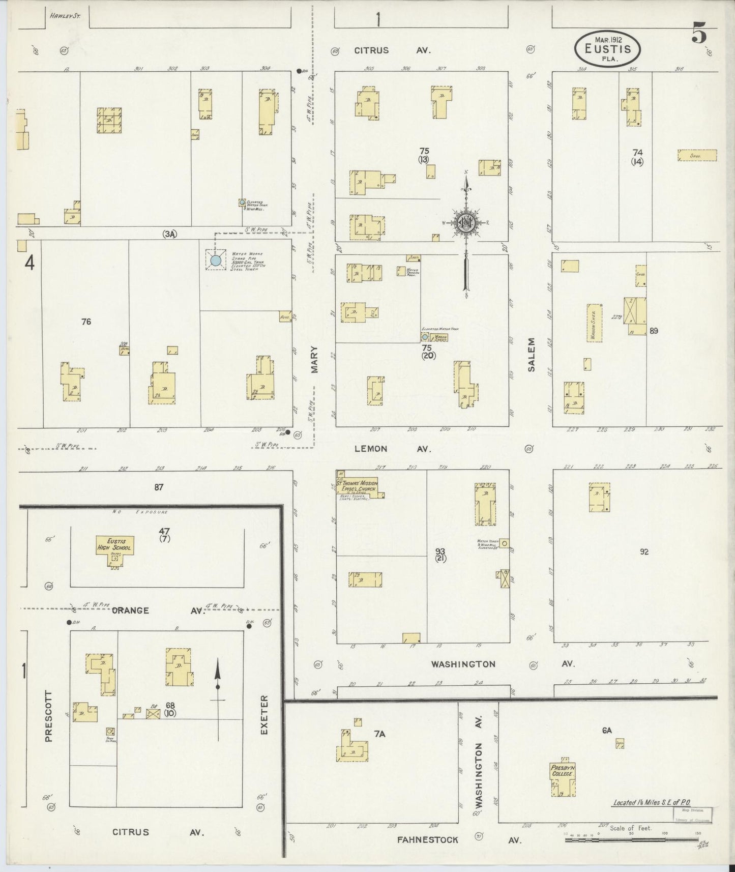 Sanborn Fire Insurance Map from Eustis, Lake County, Florida (1912), Sheet #0005 - Historic Sanborn Fire Insurance Map Print, vintage old map wall art, antique decor, genealogy gift, Florida Florida map