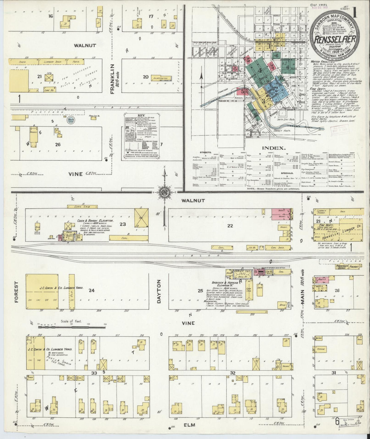 Sanborn Fire Insurance Map from Rensselaer, Jasper County, Indiana (1909), Sheet #0001 - Historic Sanborn Fire Insurance Map Print, vintage old map wall art, antique decor, genealogy gift, Indiana Indiana map