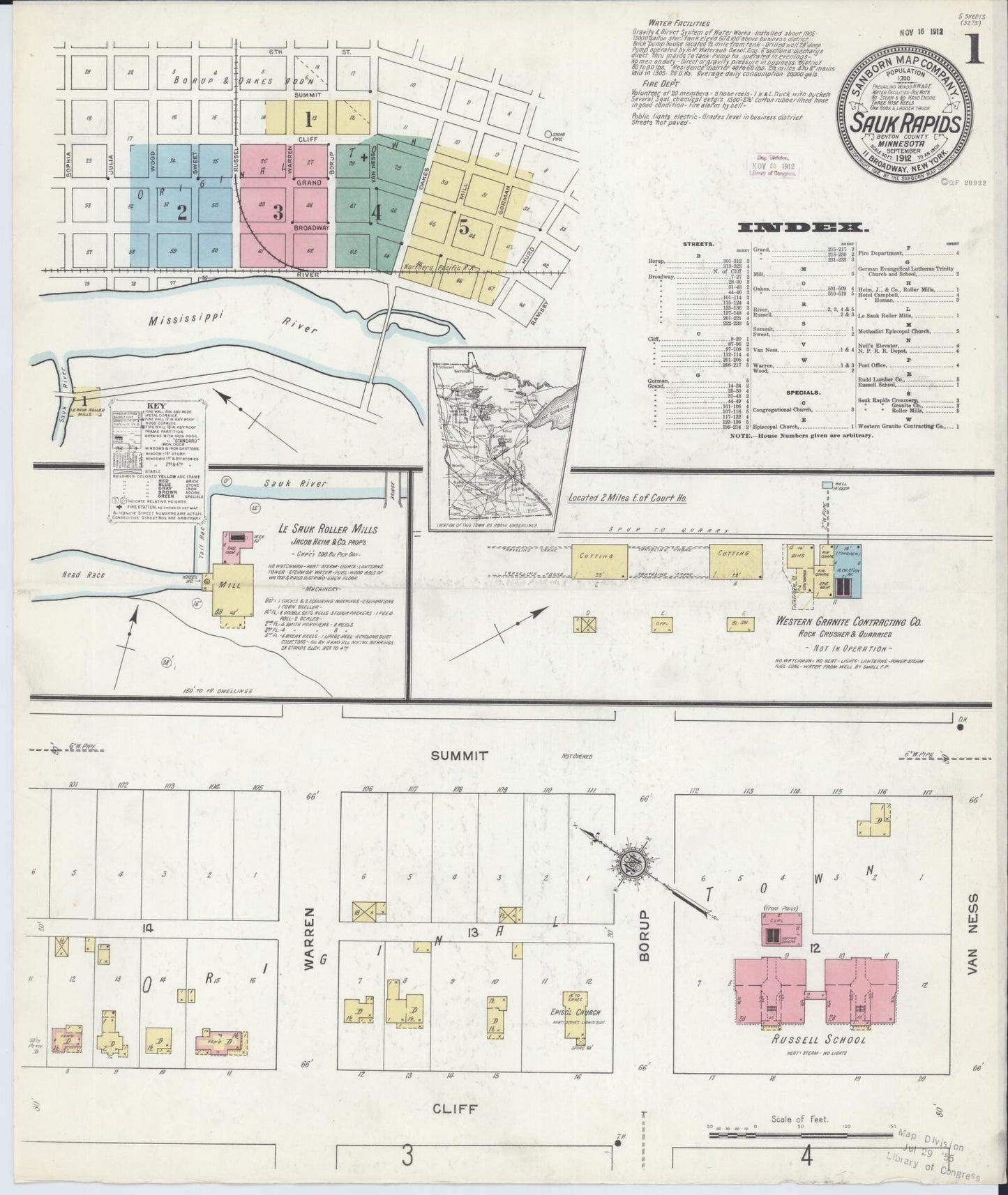 Sanborn Fire Insurance Map from Sauk Rapids, Benton County, Minnesota (1912), Sheet #0001 - Complete Map Set gallery image, historic Sanborn map, vintage wall art, Minnesota Minnesota