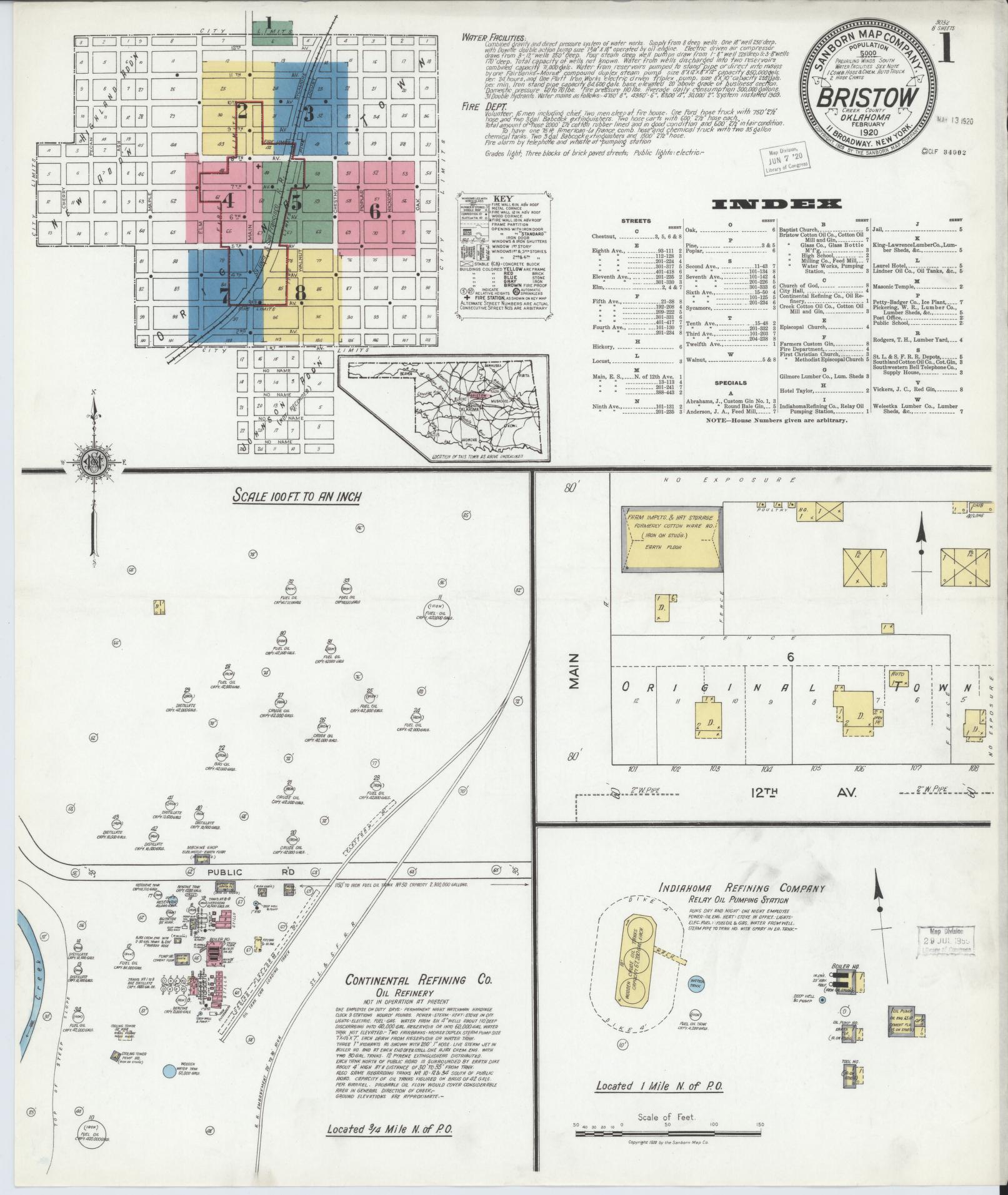 Sanborn Fire Insurance Map from Bristow, Creek County, Oklahoma (1920), Sheet #0001 - Historic Sanborn Fire Insurance Map Print, vintage old map wall art, antique decor, genealogy gift, Oklahoma Oklahoma map