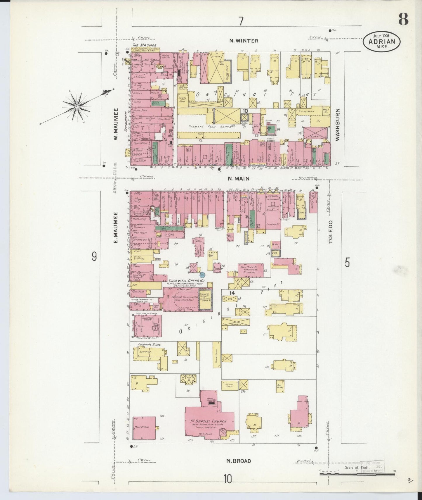 Sanborn Fire Insurance Map from Adrian, Lenawee County, Michigan (1908), Sheet #0008 - Complete Map Set gallery image, historic Sanborn map, vintage wall art, Michigan Michigan