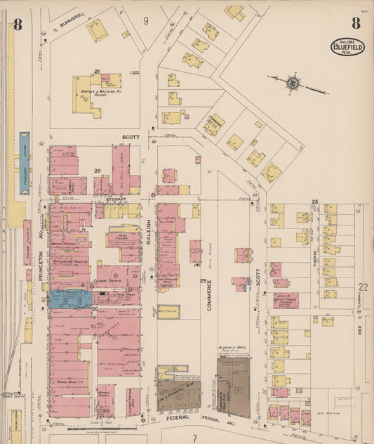 Sanborn Fire Insurance Map from Bluefield, Mercer County, West Virginia (1922), Sheet #0008 - Historic Sanborn Fire Insurance Map Print, vintage old map wall art, antique decor, genealogy gift, West Virginia West Virginia map