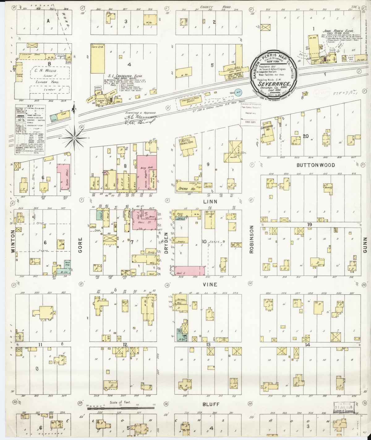 Sanborn Fire Insurance Map from Severance, Doniphan County, Kansas (1896), Sheet #0001 - Historic Sanborn Fire Insurance Map Print, vintage old map wall art, antique decor, genealogy gift, Kansas Kansas map