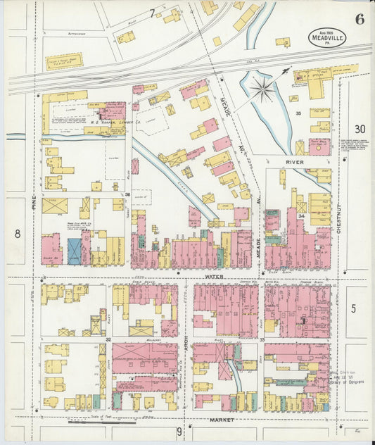 Sanborn Fire Insurance Map from Meadville, Crawford County, Pennsylvania (1905), Sheet #0006 - Historic Sanborn Fire Insurance Map Print, vintage old map wall art, antique decor, genealogy gift, Pennsylvania Pennsylvania map