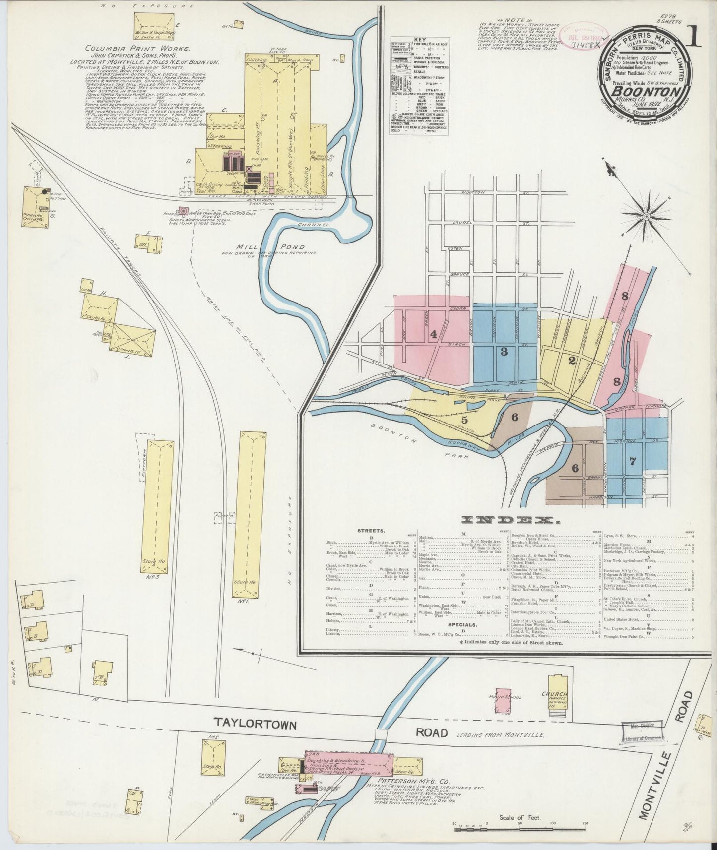 Sanborn Fire Insurance Map from Boonton, Morris County, New Jersey (1892), Sheet #0001 - Historic Sanborn Fire Insurance Map Print, vintage old map wall art, antique decor, genealogy gift, New Jersey New Jersey map