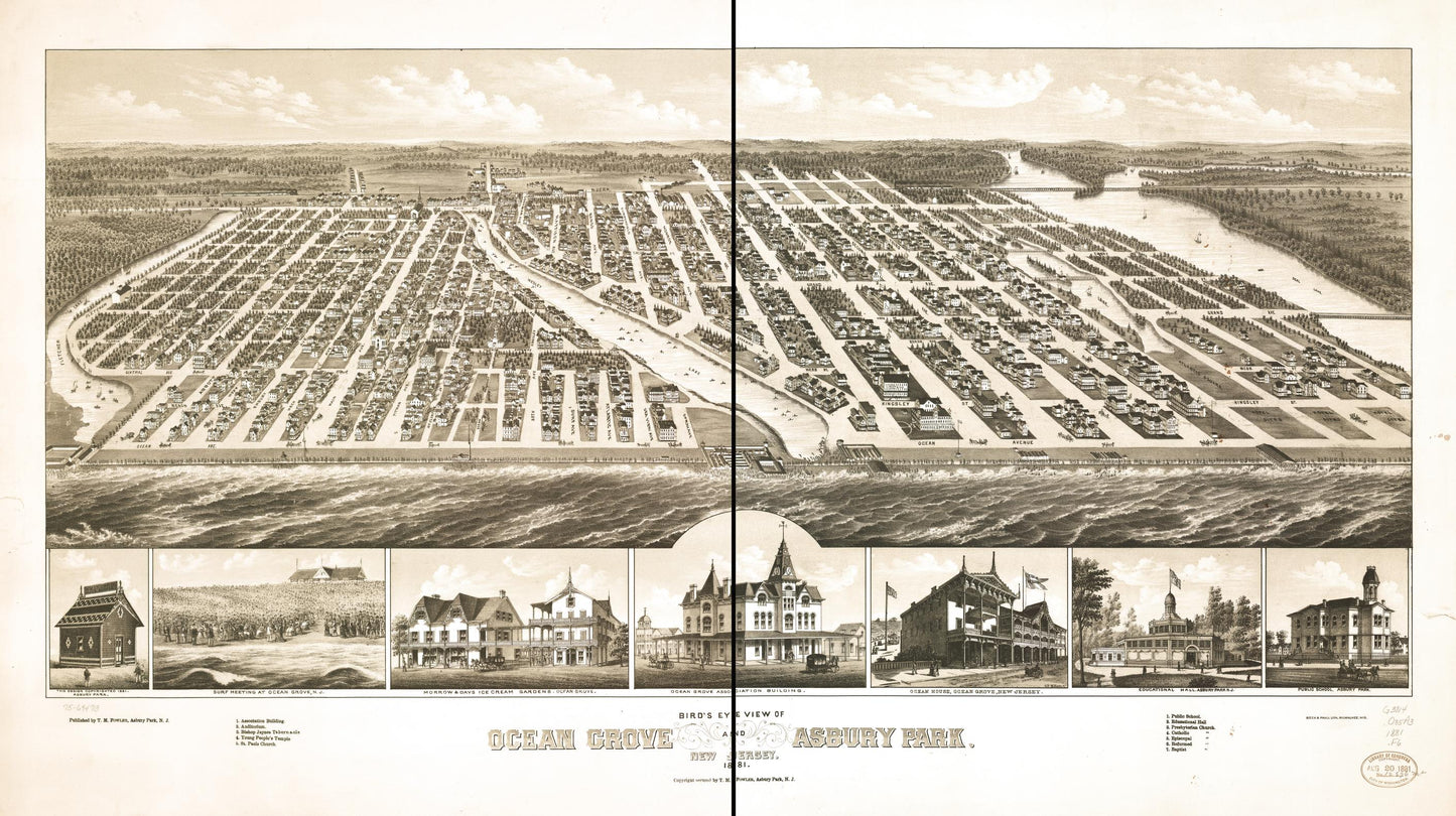 Bird's eye view of Ocean Grove and Asbury Park, New Jersey 1881. (1881) – Historic Bird’s-Eye View Panorama Print